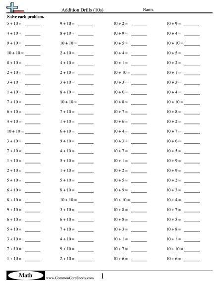Addition Worksheets - 10s (horizontal) worksheet